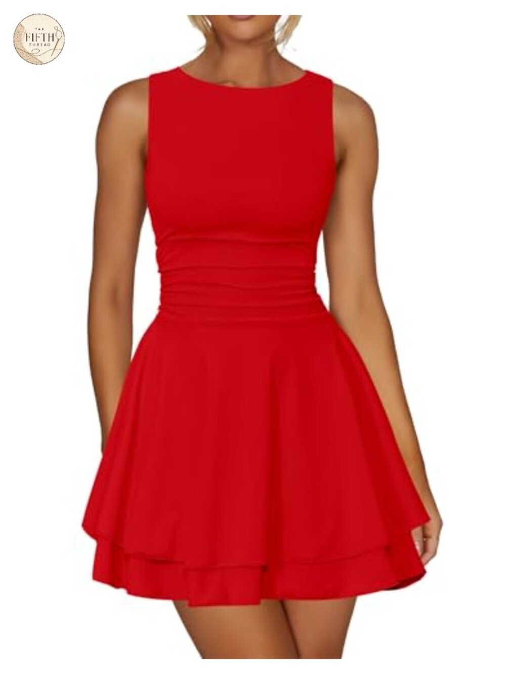 Ruffle Hem Boat Neck A-Line Mini Dress Sleeveless Ruched Party Club